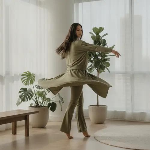 Woman wearing flowing Tencel flared leggings and top captured mid-motion in minimalist modern interior