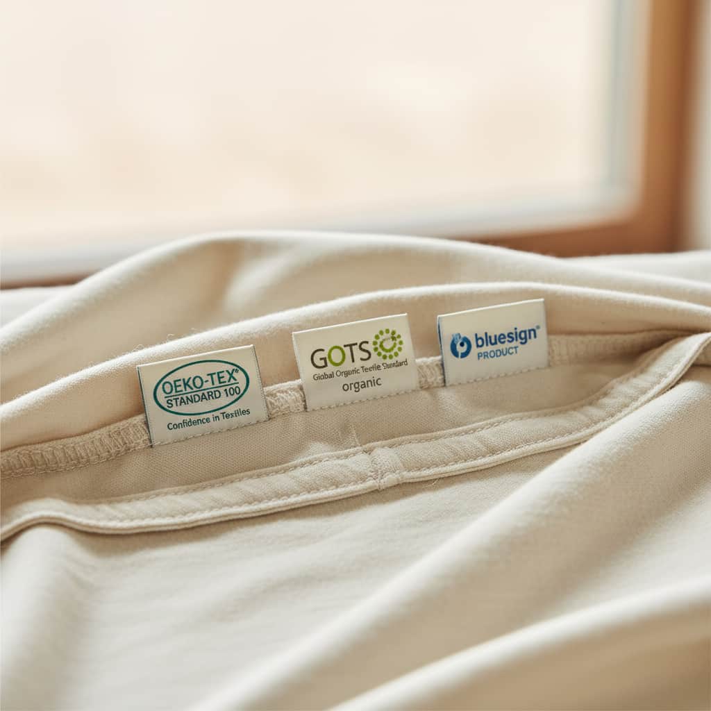 Close-up of OEKO-TEX, GOTS, and bluesign certification labels sewn onto eco-friendly organic cotton yoga apparel