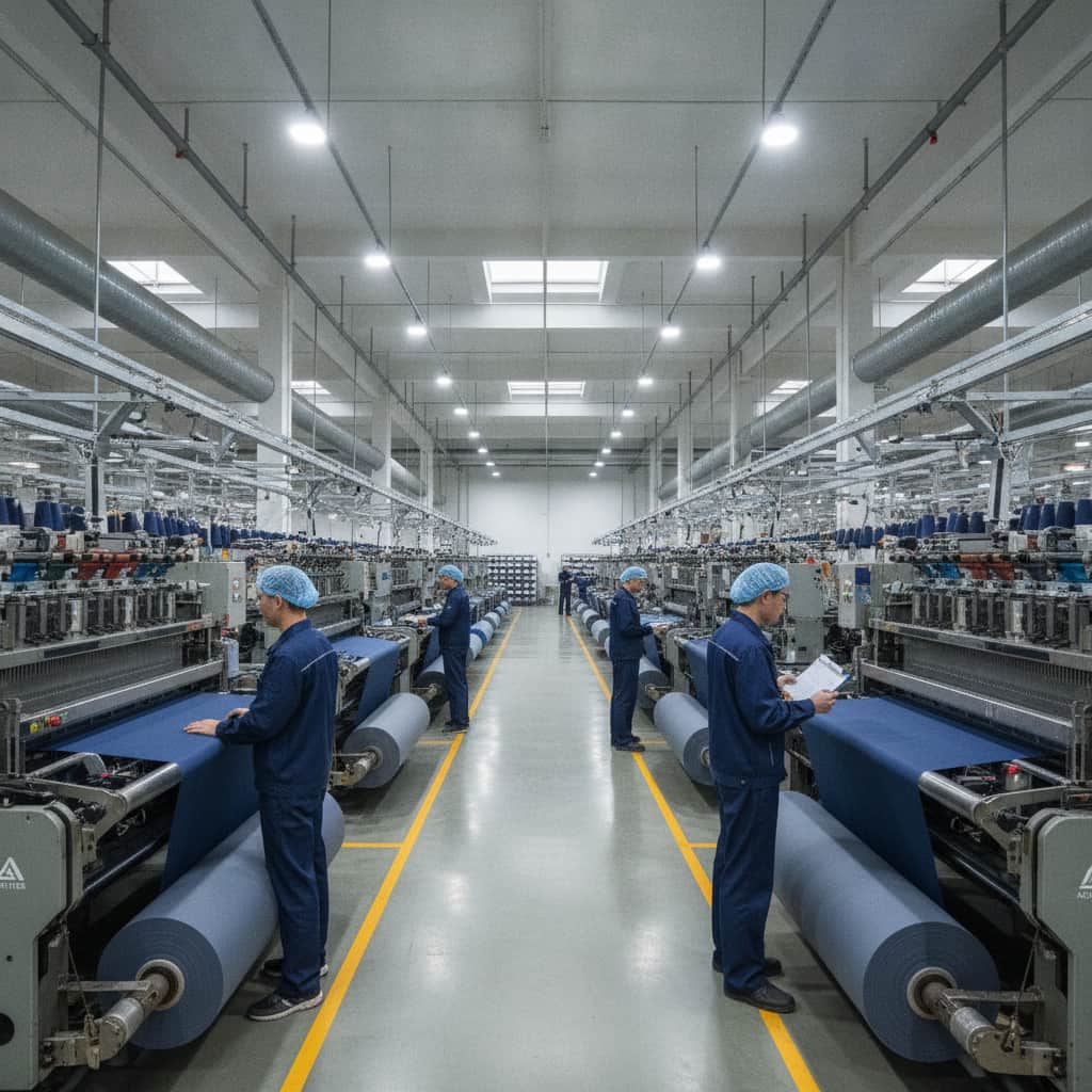 Modern textile factory in Asia with rows of automated knitting machines and workers inspecting fabric rolls