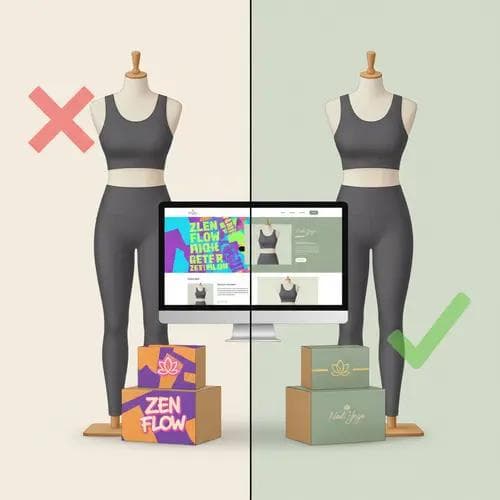Side-by-side comparison showing mismatched yoga product and branding on the left with a red X, and aligned product and branding on the right with a green checkmark.