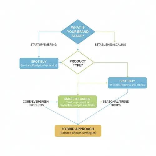 Decision flowchart helping activewear brands choose between Spot Buy, Made-to-Order, or a hybrid fabric procurement strategy