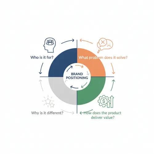 Four-quadrant brand positioning framework diagram showing audience, problem, product value, and differentiation questions