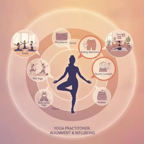 Customer persona diagram showing a yoga practitioner surrounded by practice styles, clothing preferences, pain points, and lifestyle touchpoints