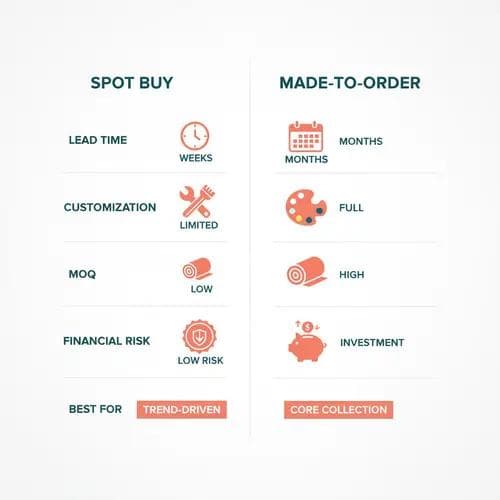Infographic comparing Spot Buy versus Made-to-Order fabric procurement across lead time, customization, MOQ, financial risk, and best use cases