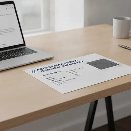 A fabric specification sheet on a desk next to a laptop, showing detailed technical requirements for activewear fabric including composition, weight, stretch, and performance features.