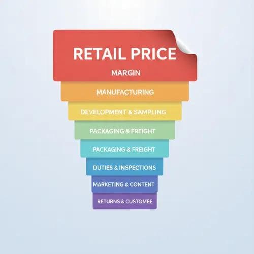 Layered cost breakdown diagram showing retail price peeling back to reveal manufacturing, development, freight, marketing, and returns cost components