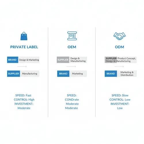 Three-column comparison infographic of Private Label, OEM, and ODM manufacturing models showing process flows and key attributes