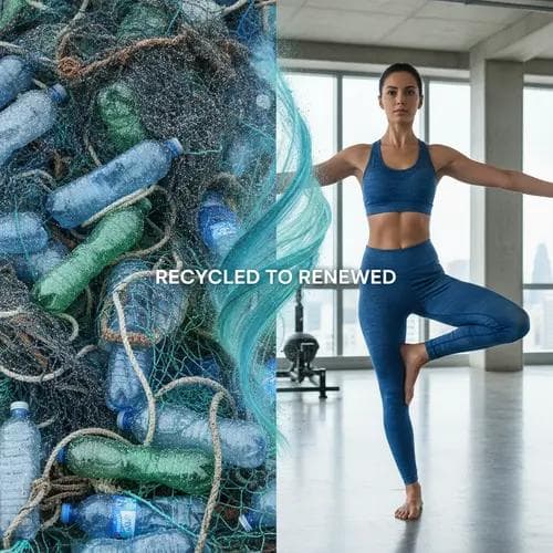 Split image showing recycled plastic bottles transforming into high-quality recycled polyester yoga activewear on a model