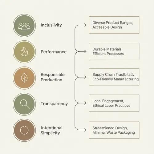 Connection diagram showing how yoga brand core values map to specific product design and supply-chain applications