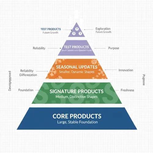 Pyramid diagram of yoga collection architecture showing four tiers: core products, signature products, seasonal updates, and test products