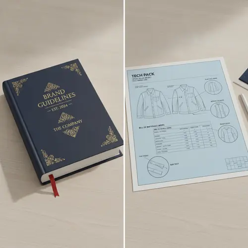 Side-by-side document comparison showing a brand guidelines book styled as a constitution next to a tech pack blueprint with flat sketches, BOM table, and stitch callouts