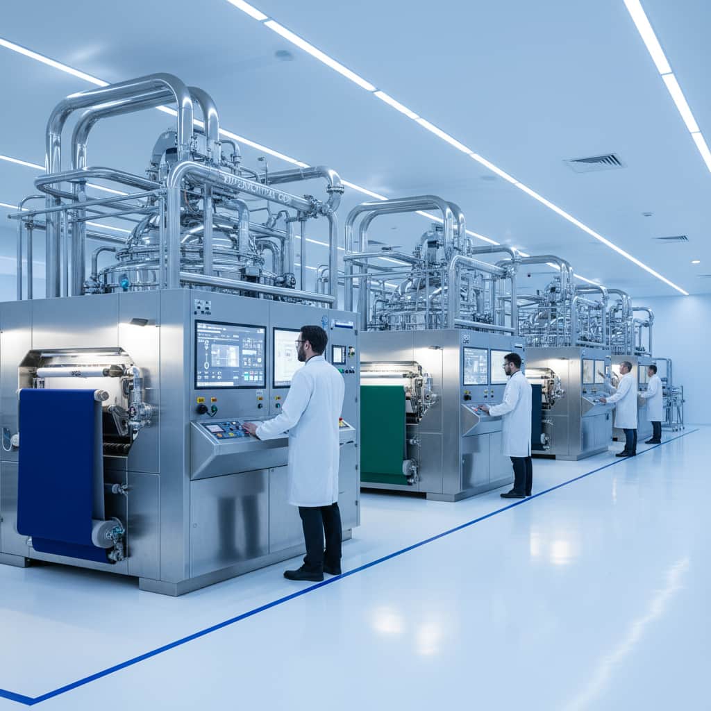 Modern textile factory with advanced waterless dyeing machinery using supercritical carbon dioxide technology