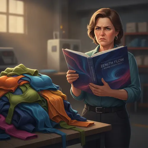 Factory inspector confused by a marketing-style brand guidebook next to rejected yoga wear with color and seam issues