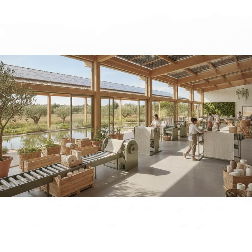 Eco-friendly European textile mill with solar panels and workers handling recycled fabric materials