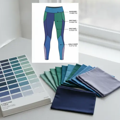 Close-up of Pantone swatch book next to matching fabric swatches with a color-coded yoga legging panel diagram