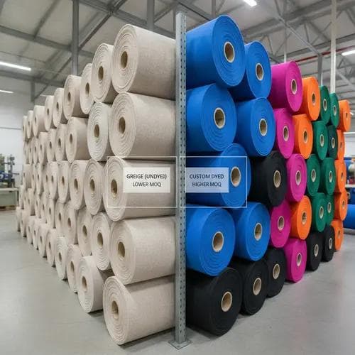 Side-by-side comparison of undyed greige fabric rolls and custom-dyed colored fabric rolls showing different MOQ levels