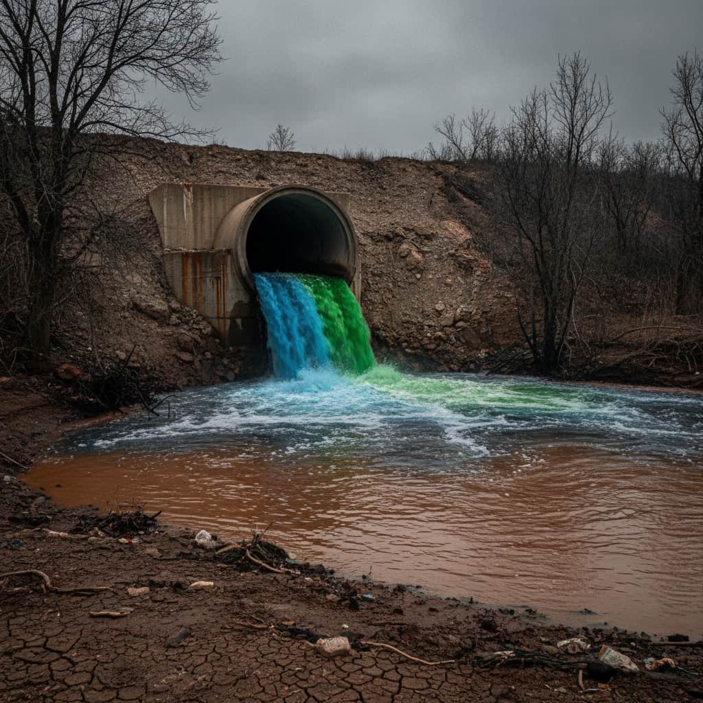 Industrial discharge pipe releasing bright blue and green chemical dye effluent into a muddy river with dead vegetation along the banks