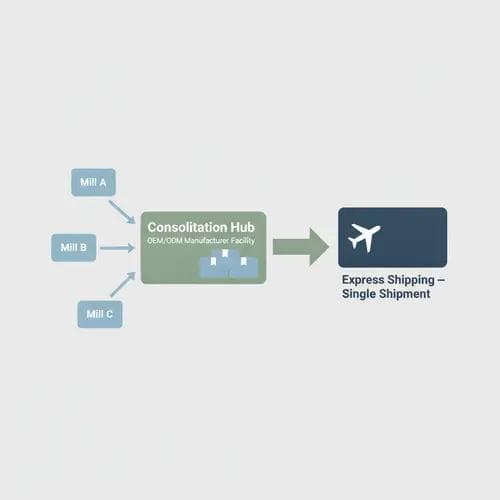 Infographic showing how multiple fabric samples from different mills are consolidated into a single shipment through an OEM/ODM manufacturer to reduce international shipping costs.