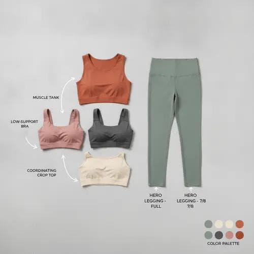 Flat-lay of a focused capsule yoga collection showing coordinated leggings, bras, tops, and layering pieces in a cohesive color palette