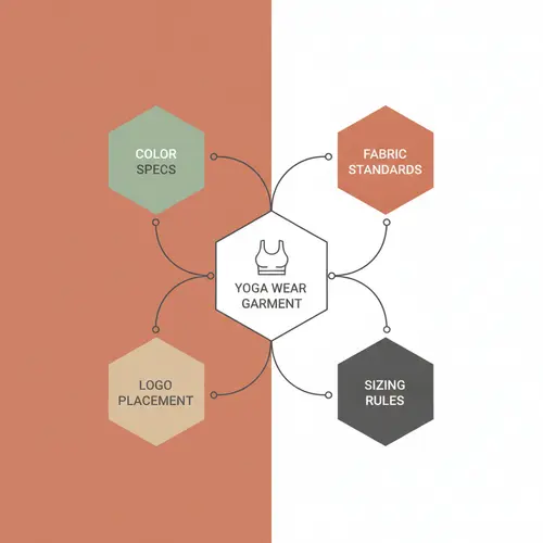 Infographic showing four interconnected hexagonal icons representing Color Specs, Fabric Standards, Logo Placement, and Sizing Rules around a central yoga wear garment