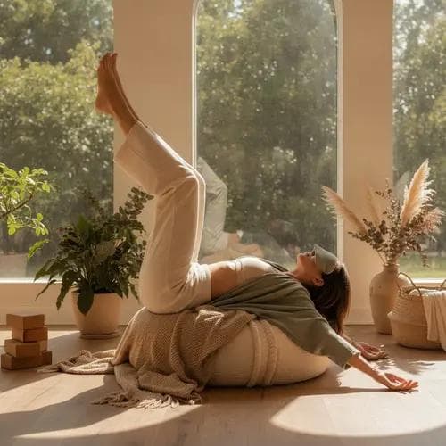 Woman in organic cotton yoga outfit in restorative pose, earthy tones, natural outdoor setting