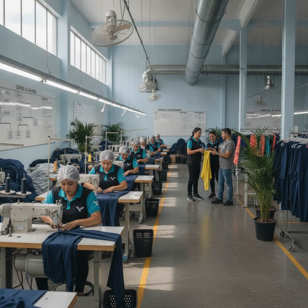 Workers in a Latin American activewear factory sewing performance yoga garments with modern equipment