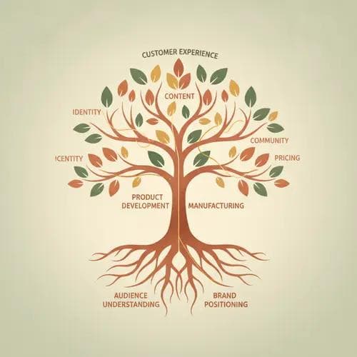 Yoga tree metaphor illustration showing interconnected brand elements from roots (audience, positioning) through trunk (product, manufacturing) to branches (identity, content, community, pricing, experience)