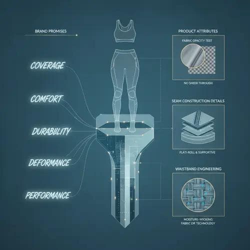 Bridge diagram showing brand promise words transforming into specific yoga apparel product features and technical specifications