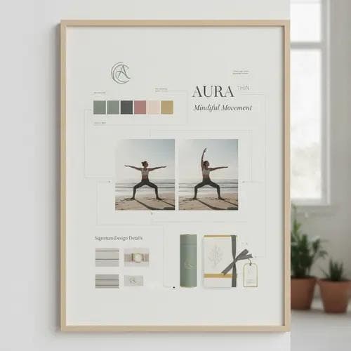 Brand identity system mood board showing logo, color palette, typography, photography style, signature design details, and packaging elements