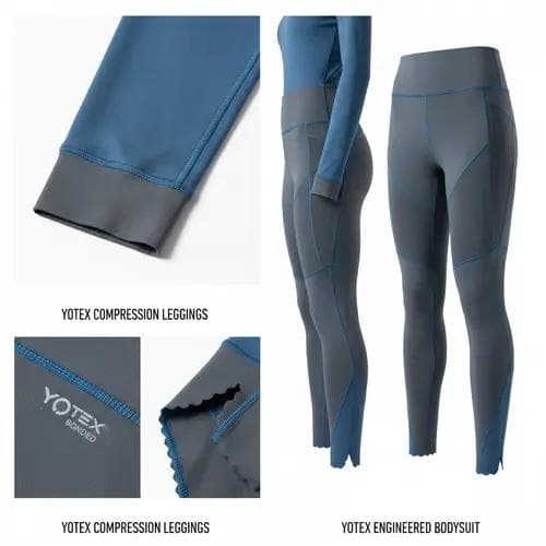 Yotex Apparel technical yoga wear showing bonded hems, laser-cut details, and compression panel construction