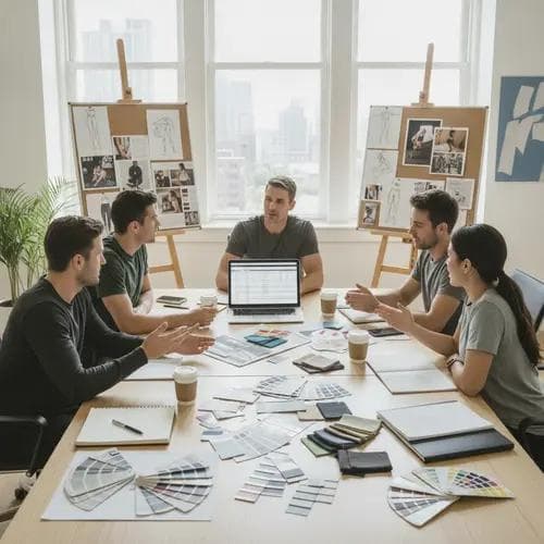 Design team in a meeting reviewing fabric swatches, color samples, and yoga apparel sketches during the concept and requirements gathering phase.