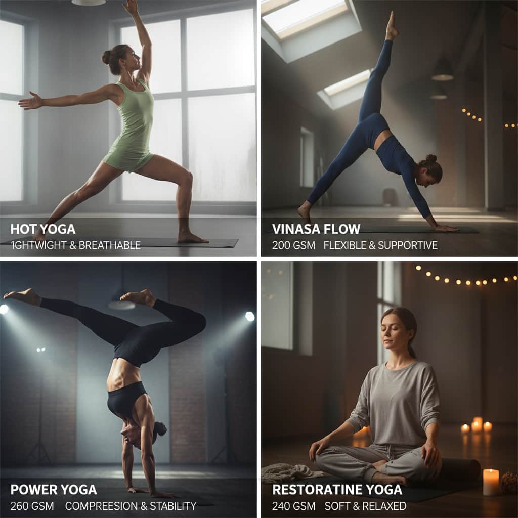 Four yoga practitioners demonstrating different yoga styles with corresponding fabric weights from lightweight to heavyweight