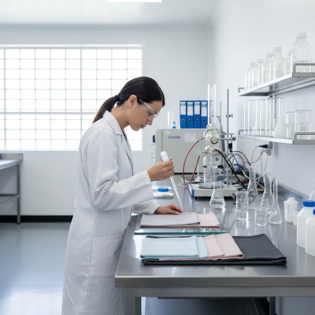 Textile laboratory technician applying silicone softener chemical treatment to fabric samples in a clean manufacturing lab
