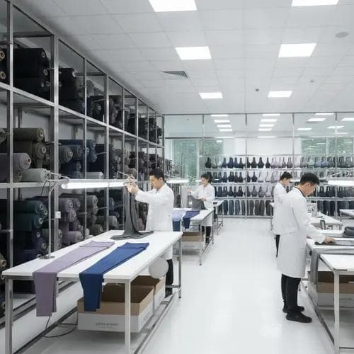 Professional yoga wear manufacturing facility showcasing premium fabric rolls, quality control process, and finished activewear products