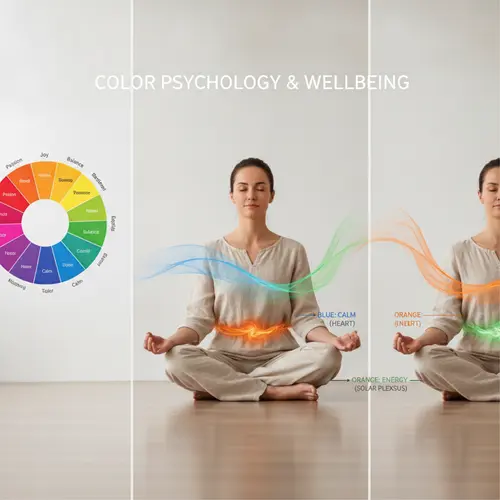 Visual diagram showing connection between color psychology wheel and yoga meditation poses with energy flow lines