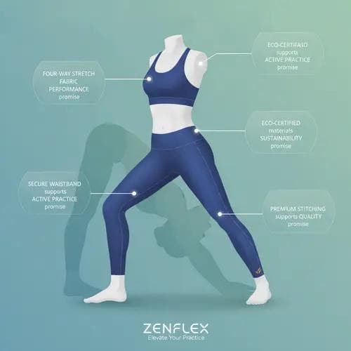 A yoga outfit with callout labels showing how specific garment features like four-way stretch fabric, eco-certified materials, and premium stitching support different brand promises.