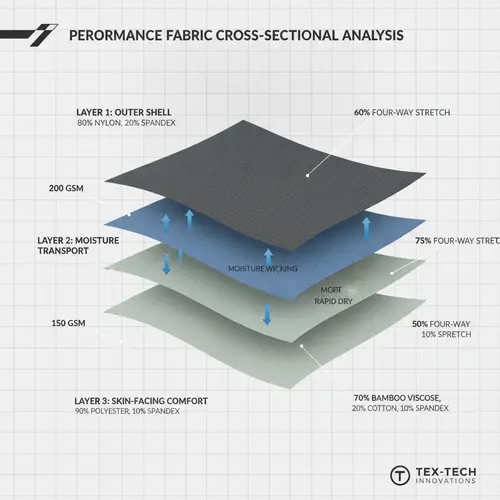 Technical cross-section diagram of performance fabric annotated with GSM weight, four-way stretch, moisture-wicking properties, and composition percentages