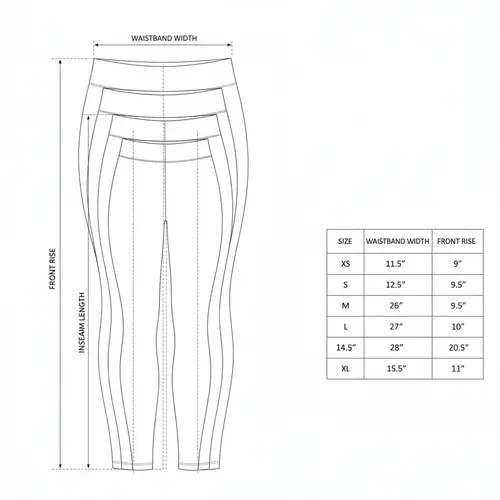 Technical flat sketch of yoga leggings in sizes XS through XL with measurement callouts for waistband, inseam, and front rise with grading scale