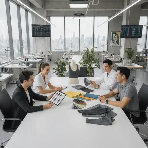 Brand representatives and OEM manufacturer team collaborating over fabric samples and garment prototypes in a design studio