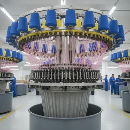 Yarn spools of nylon and spandex feeding into a circular knitting machine during the fabric knitting phase.