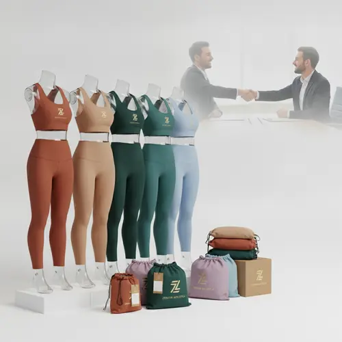 Professional display of custom branded yoga wear collection with various styles and coordinated color palettes