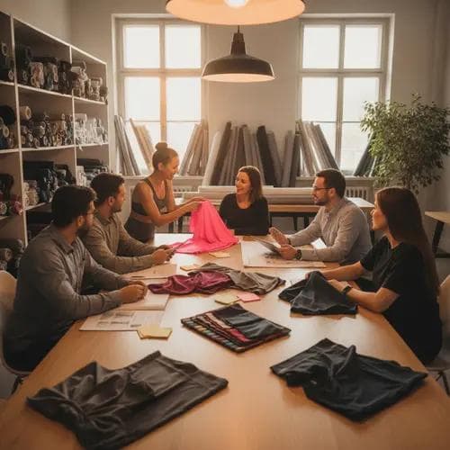 A brand owner meeting with a manufacturing team around a table displaying yoga wear samples, fabric swatches, and technical drawings in a bright studio or factory setting.