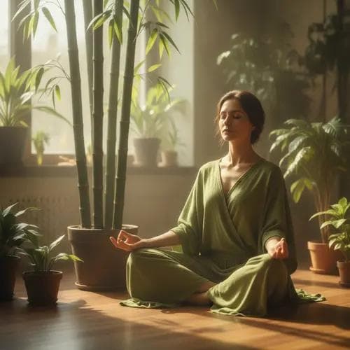 Bamboo plant stalks beside soft bamboo fiber yoga clothing, with model meditating in sunlit natural setting