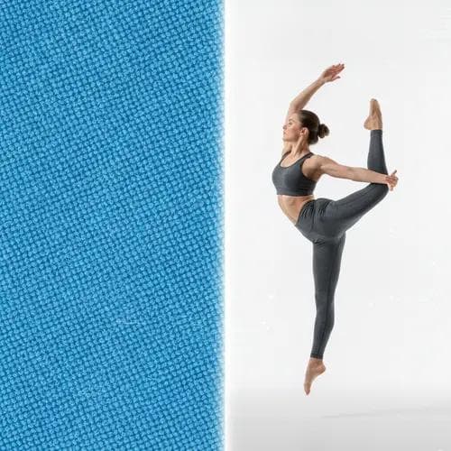 Macro close-up of microfiber fabric's fine weave texture alongside model in microfiber yoga wear performing a dynamic pose