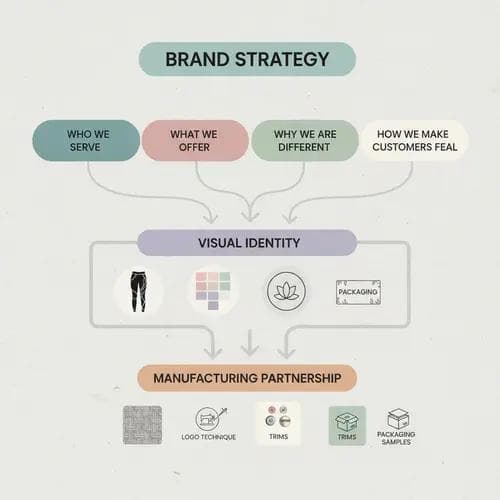 Flowchart showing how brand strategy for a yoga apparel business translates through visual identity elements and informs communication with clothing manufacturers