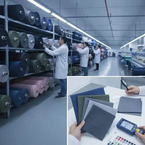 Textile manufacturing facility with colorful fabric rolls and quality control inspection of activewear materials