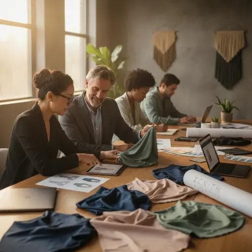 Collaborative business meeting between yoga wear brand representatives and fabric manufacturing partner reviewing premium fabric samples together