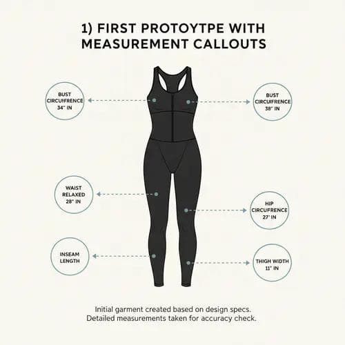 Six-step fit development process flow showing prototype creation, wear testing across yoga poses, pattern revision, fit approval, size grading, and pre-production review