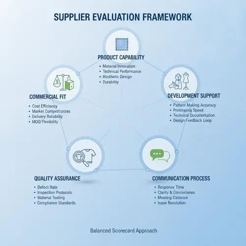 Five-category evaluation matrix for selecting a yoga apparel manufacturing partner showing capability, support, communication, quality, and commercial fit