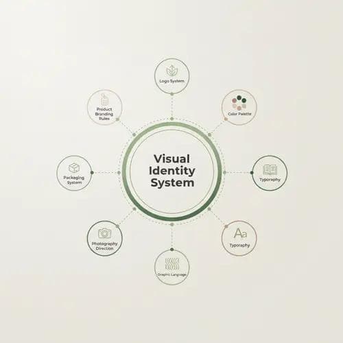 Architecture diagram of a yoga apparel brand's visual identity system showing seven interconnected components including logo, colors, typography, graphics, photography, packaging, and product branding